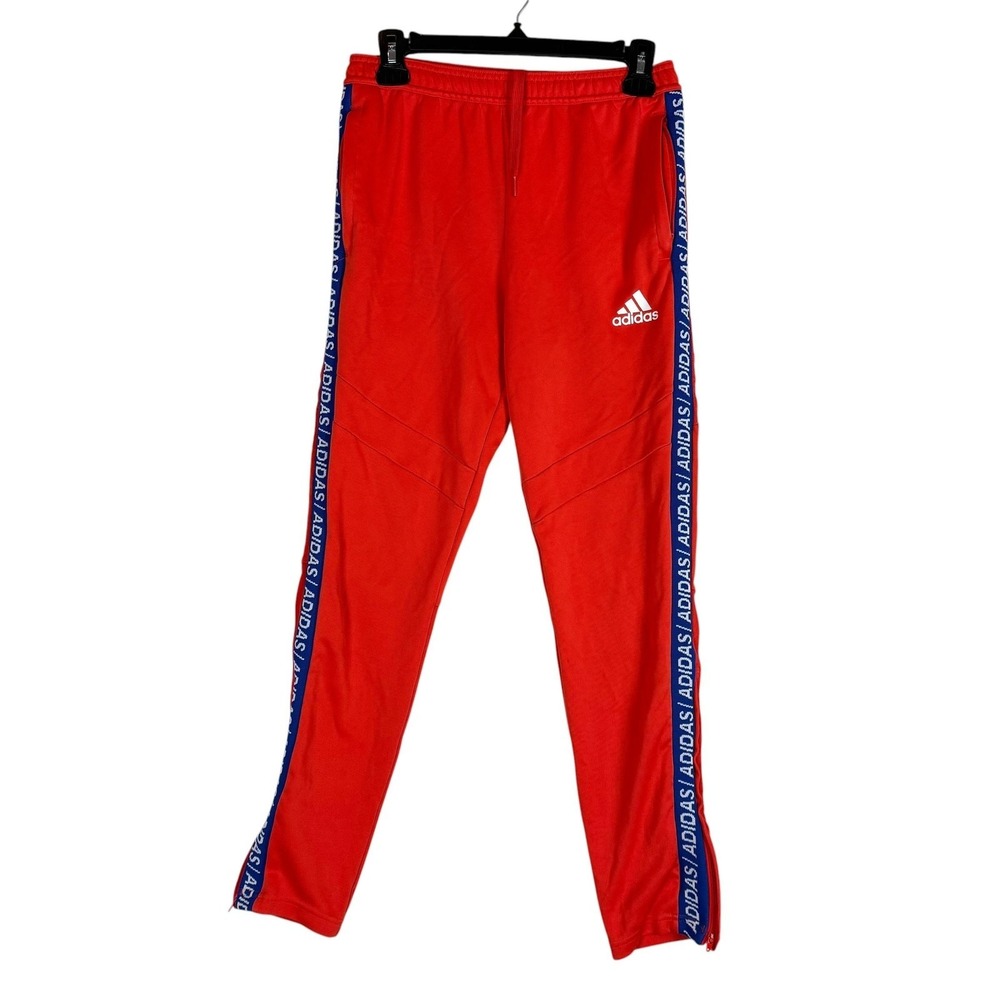 Adidas Track Pants Boys 13-14Y L Red AEROREADY Jogger Zip Hem Logo Tape Athletic
